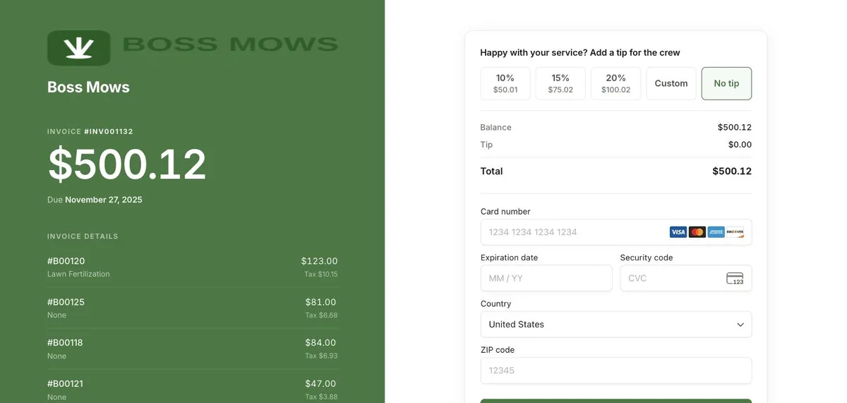 An invoice pay page showing a tip prompt with 10%, 15% and 20% buttons, a Custom option, and the card form beneath