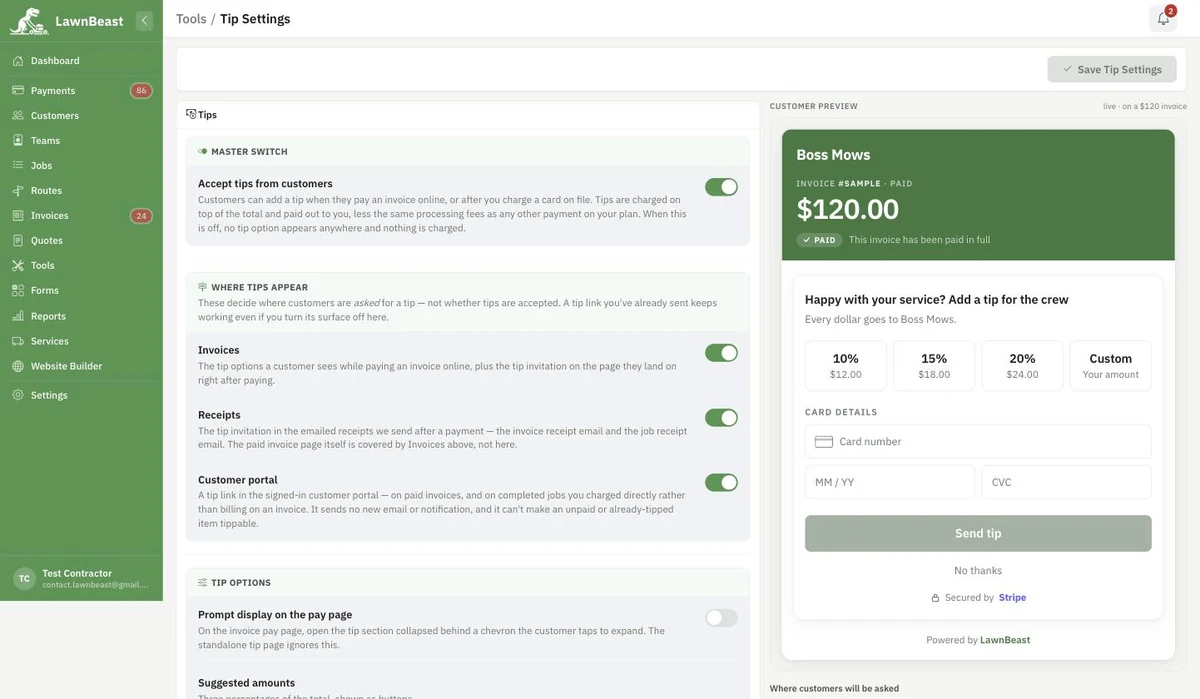 The Tip Settings page: a master switch, three Where tips appear switches, suggested amount fields and prompt text boxes, with a live Customer preview panel on the right