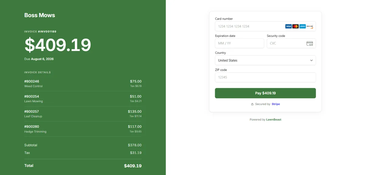 The pay page for invoice #INV001189 from Boss Mows: the business name, a $409.19 balance, the due date, four job line items with tax, and a card form with a Pay $409.19 button