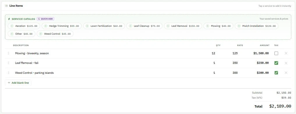 The quote builder's line items: a service catalog row of quick-add chips above a table with description, quantity, rate, amount and a per-line tax checkbox, totalling to a subtotal, tax and total